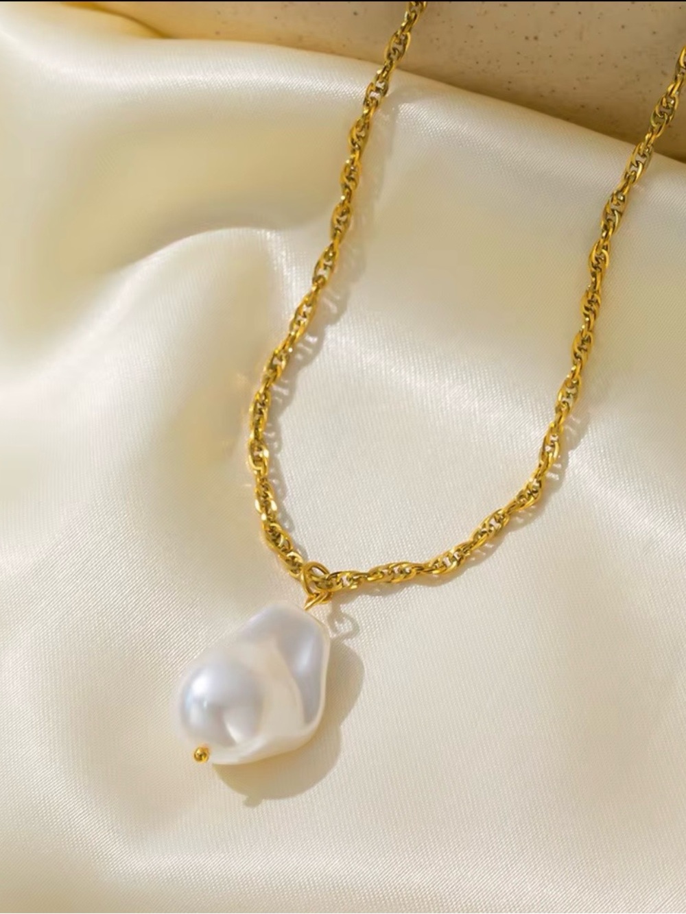 Gold Chain Necklace with White Baroque Pearl Pendant - Women's Jewelry